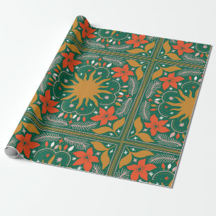 Retro Festieve Zon en Poinsettia Folk Art Cadeaupapier