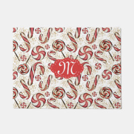 Retro Festive Cute Red Candy Cane Pattern Monogram Deurmat