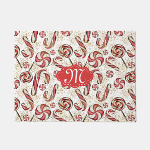 Retro Festive Cute Red Candy Cane Pattern Monogram Deurmat