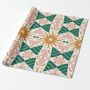 Retro Festive Kerstbos en Hemelse Zon Cadeaupapier