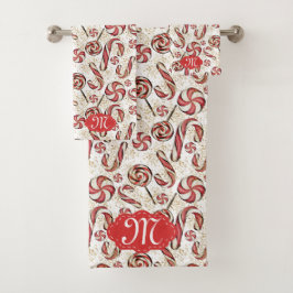 Retro Festive Red Candy Cane Pattern Monogram Bad Handdoek