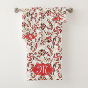 Retro Festive Red Candy Cane Pattern Monogram Bad Handdoek
