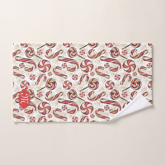 Retro Festive Red Candy Cane Pattern Monogram Bad Handdoek (Handdoek)