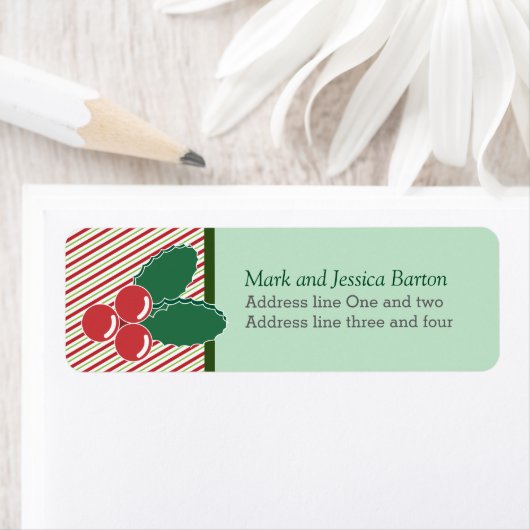 Retro Festive Stripes en Holly Custom Kerstmis Etiket (Insitu)