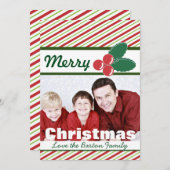 Retro Festive Stripes en Holly Custom Photo Feestdagenkaart (Voorkant / Achterkant)