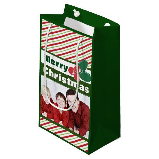 Retro Festive Stripes en Holly Custom Photo Klein Cadeauzakje (Voorkant Gekanteld)