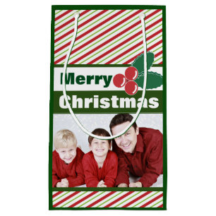 Retro Festive Stripes en Holly Custom Photo Klein Cadeauzakje