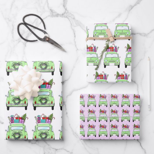 Retro Fiat 500 met kerstcadeaus Inpakpapier Vel (Voorkant)