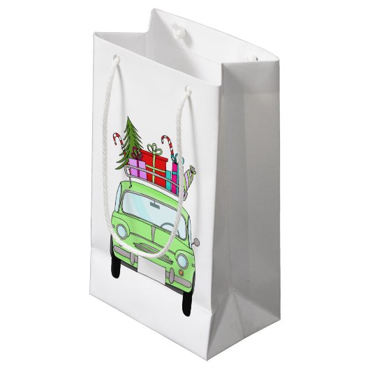 Retro Fiat 500 met kerstcadeaus Klein Cadeauzakje (Voorkant Gekanteld)