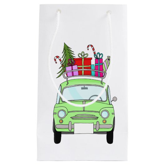 Retro Fiat 500 met kerstcadeaus Klein Cadeauzakje (Voorkant)