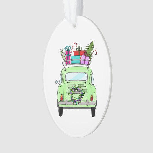 Retro Fiat 500 met kerstcadeaus Ornament (voorkant)