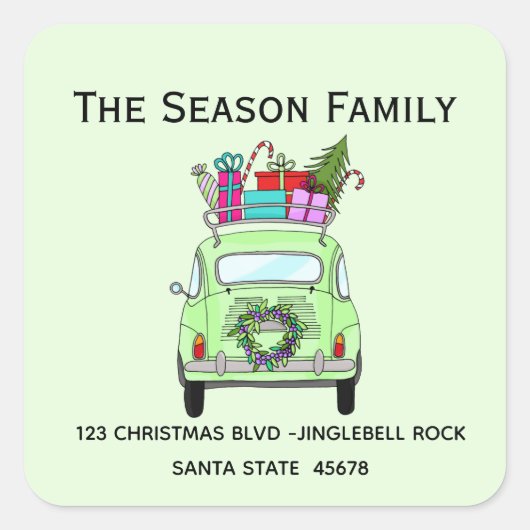 Retro Fiat 500 met Kerstcadeaus Vierkante Sticker (Voorkant)