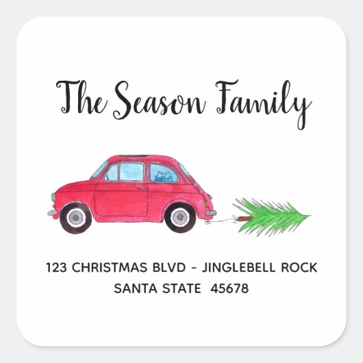 Retro Fiat 500 met Waterverf voor kerstbomen Vierkante Sticker (Voorkant)