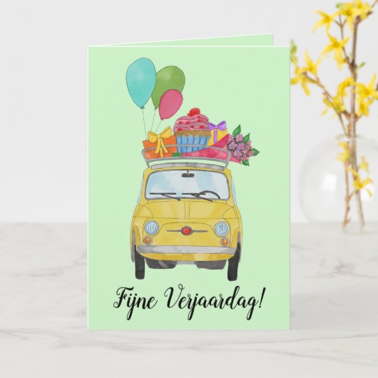 Retro Fiat 500 Verjaardagskaart Kaart (Gele Bloem)