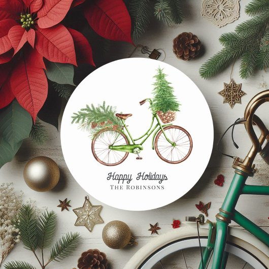 Retro Fiets Kerstboom en Dennen Takken Vakantie Ronde Sticker