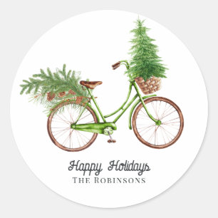 Retro fiets kerstboom en dennenbomen vakantie ronde sticker