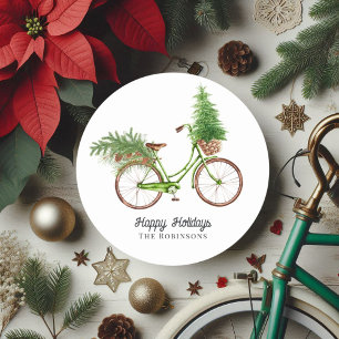 Retro Fiets Kerstboom en Pines Vakantie Ronde Sticker