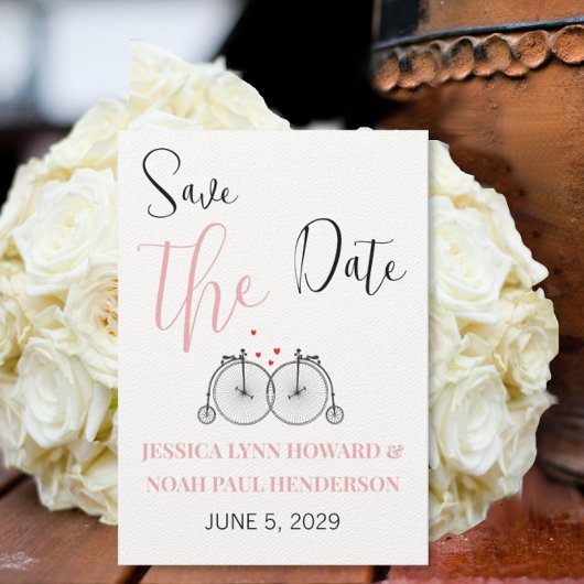  Retro Fietsliefde Roze Rood Save the Date Kaart