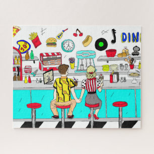 Retro Fifties Diner met paar handen Legpuzzel