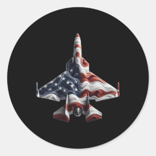Retro Fighter Jet Vliegtuig Amerikaanse Vlag Hart Ronde Sticker