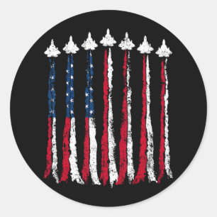 Retro Fighter Jet Vliegtuig Amerikaanse Vlag Hart Ronde Sticker