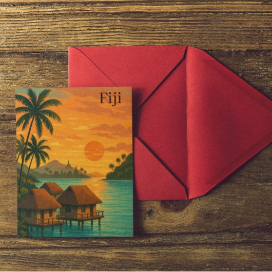 Retro Fiji Tropical Ocean Bungalows Sunset Uitzich Briefkaart