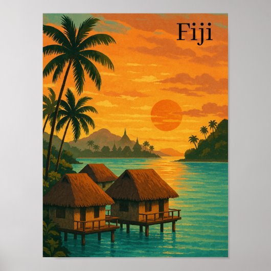 Retro Fiji Tropical Ocean Bungalows Sunset Uitzich Poster (Voorkant)