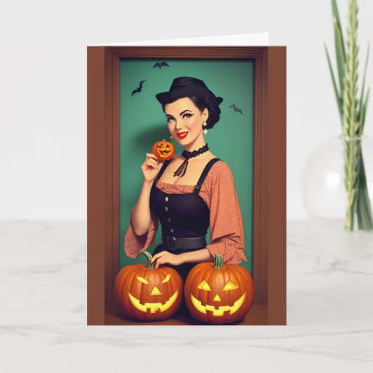 Retro Fijne Halloween Dame met Pompoenen Kaart (Voorkant)
