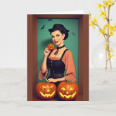 Retro Fijne Halloween Dame met Pompoenen Kaart (Gele Bloem)