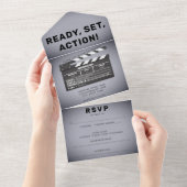 Retro Film Clap Board Grijs Bruiloft All In One Uitnodiging (Afscheurbaar)