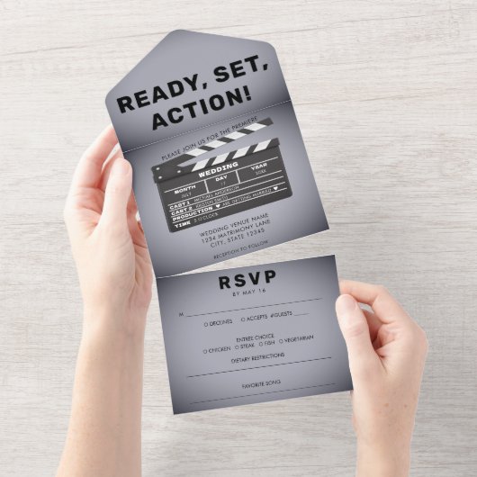 Retro Film Clap Board Grijs Bruiloft All In One Uitnodiging (Afscheurbaar)