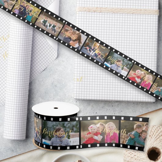 Retro Film Strip Custom Foto Verjaardag Gift Wrap Satijnen Lint