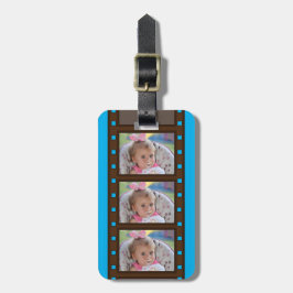 Retro Filmstrook tot 3 foto's op blauw Bagagelabel