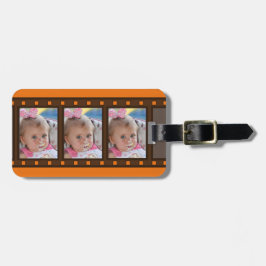 Retro filmstrook tot 3 portretfoto's op oranje bagagelabel