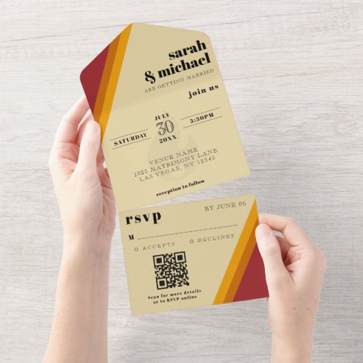 Retro Fire Hart Gestreept Huwelijksreceptie All In One Uitnodiging (Afscheurbaar)