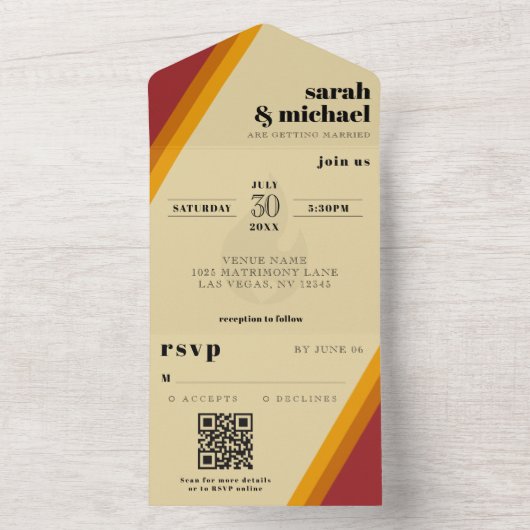 Retro Fire Hart Gestreept Huwelijksreceptie All In One Uitnodiging (Binnen)