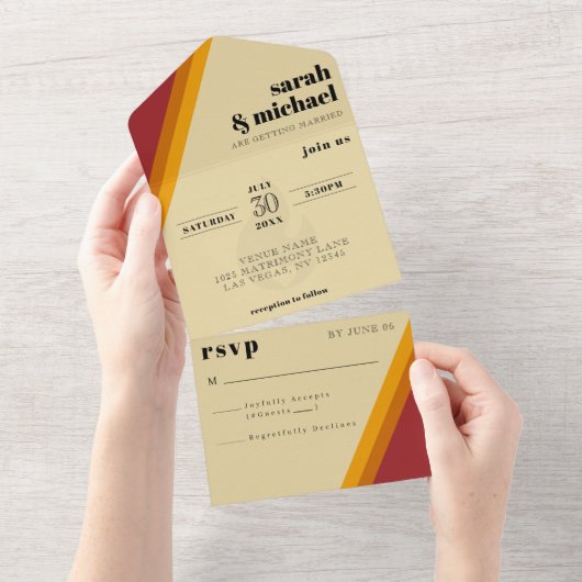 Retro Fire Hart Gestreept Huwelijksreceptie All In One Uitnodiging (Afscheurbaar)