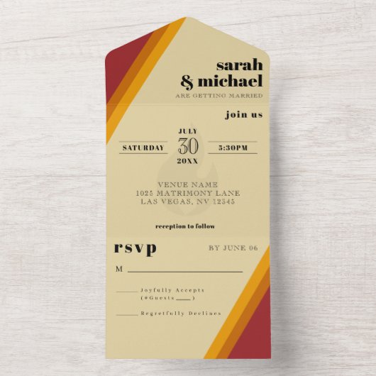 Retro Fire Hart Gestreept Huwelijksreceptie All In One Uitnodiging (Binnen)