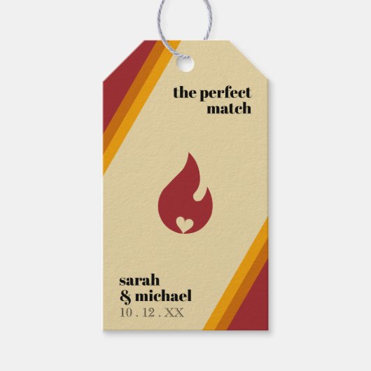 Retro Fire Heart Striped De Perfecte Match Bruilof Cadeaulabel (Voorkant)