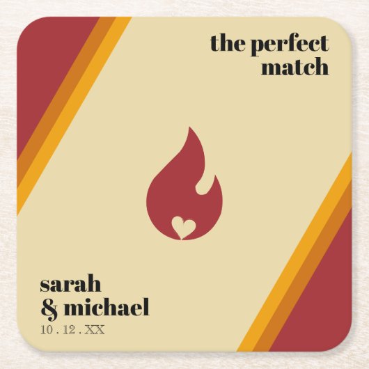 Retro Fire Heart Striped De Perfecte Match Bruilof Kartonnen Onderzetters (Voorkant)