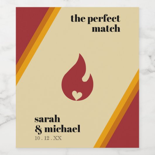 Retro Fire Heart Striped De Perfecte Match Bruilof Wijn Etiket (Enkel label)