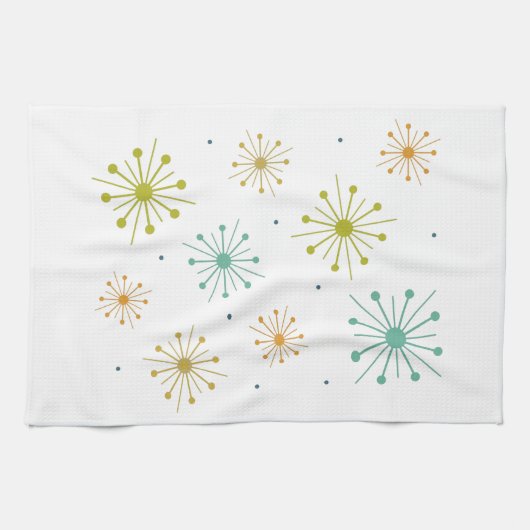 Retro Fireworks Starbursts kleurrijke Mideeuw Theedoek (Horizontaal)