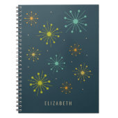Retro Fireworks Starbursts op Dark Blue Mideeuw Notitieboek (Voorkant)