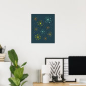 Retro Fireworks Starbursts op Dark Blue Mideeuw Poster (Thuiskantoor)