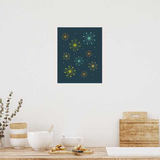 Retro Fireworks Starbursts op Dark Blue Mideeuw Poster (Keuken)