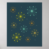 Retro Fireworks Starbursts op Dark Blue Mideeuw Poster (Voorkant)