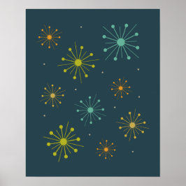 Retro Fireworks Starbursts op Dark Blue Mideeuw Poster