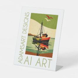 Retro Fishing Boat Reflection Mid-Century Reclamebord Met Voetstuk