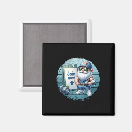 Retro Fitness Gnome In Gym Outfit With Dumbbells V Magneet (Voorkant / Achterkant)