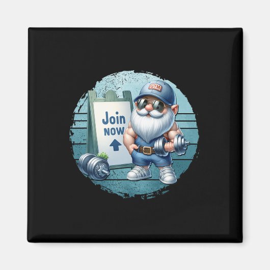 Retro Fitness Gnome In Gym Outfit With Dumbbells V Magneet (Voorkant)